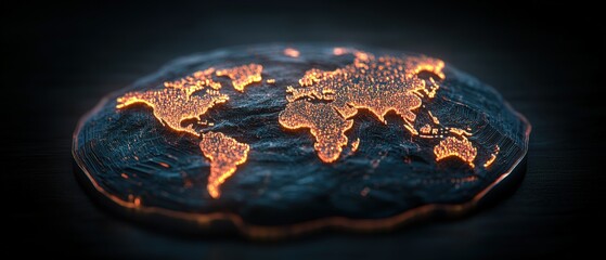Aufkleber - A Stunning Three-Dimensional Rende of a World Map Designed as Glowing Embers Set Against a Dark Textured Surface Highlighting Global Connectivity