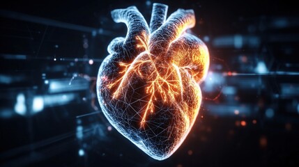 Poster - a digital rende of a human heart glowing in orange and blue light with detailed blood vessels and ne