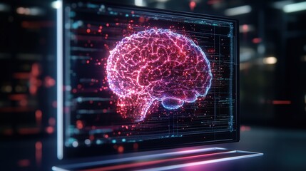Aufkleber - Glowing digital representation of a human brain rendered in pink and blue colors displayed on a transparent screen in an advanced technology setting