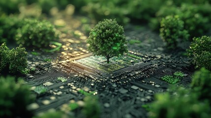 Poster - Tree growing on a circuit board representing the integration of green technology and nature in modern solutions