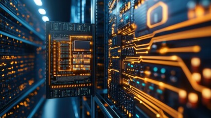Poster - Close-up view of a glowing orange and blue circuit board partially inserted into a server rack showcasing intricate circuitry in a modern data center environment