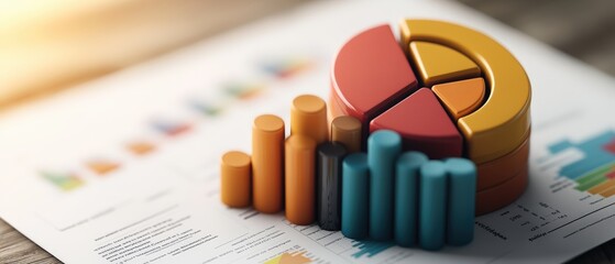 Poster - 3D pie chart and bar graph positioned on a financial report illustrating detailed data analysis for business insights and strategic decisions effectively