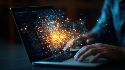 Poster - A Person's Hands Hover Over a Laptop Keyboard Interacting With Vibrant Glowing Network of Interconnected Nodes and Lines From the Screen