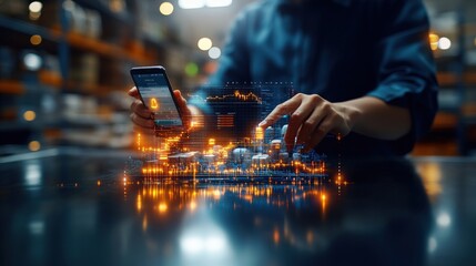 Poster - Person using smartphone to engage with holographic industrial plant and financial data showcasing technology integration in modern industry practices
