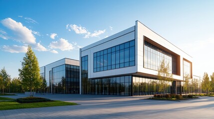 Poster - Modern multi-story office building complex with large glass and white exterior walls under bright partly cloudy sky and landscaped grounds