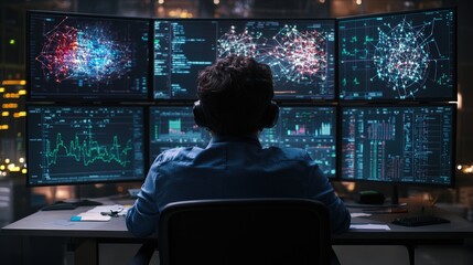 Poster - A person seated in front of six large monitors showcasing intricate data visualizations and graphs in a high-stakes tech and finance environment.