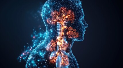 Aufkleber - Stylized Digital Rende of Male Human Figure in Profile with Glowing Interconnected Lines Highlighting the Outline and Respiratory System Details