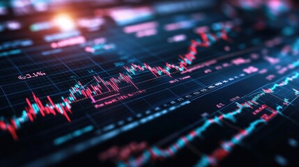 Poster - Close-up view of a digital financial screen displaying complex data with fluctuating graphs, numbers in red and blue tones against a dark background layout