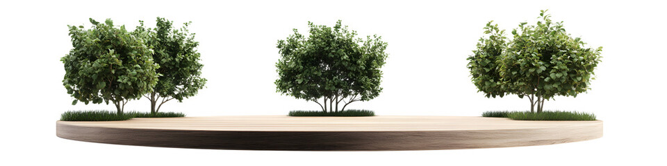Round wooden podium with trees isolated on transparent background, PNG,
