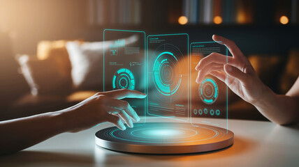 Poster - hands interact with a holographic display showcasing data visualizations, a futuristic interface sym