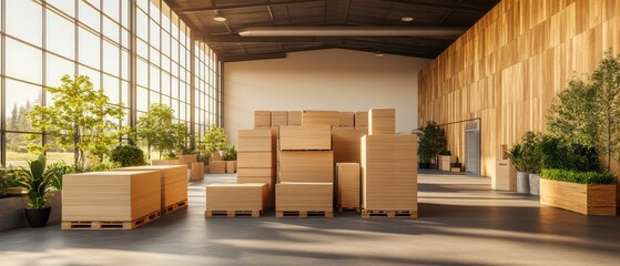 Poster - Sunlit Warehouse Interior with Cardboard Boxes, Stacked Pallets, Potted Plants, Expansive , and Wood-Paneled Walls in Natural Light Setting