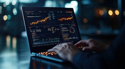 Poster - Close-up of focused hands typing on a laptop showing diverse financial charts and data in a well-lit workspace du the night hours of productivity