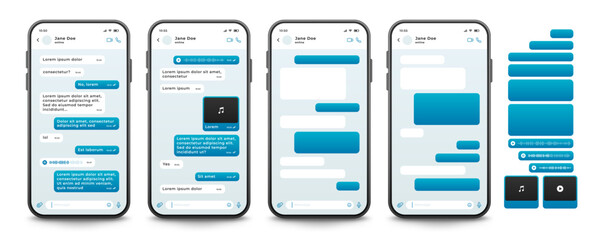 Wall Mural - set of instant messaging app templates with realistic smartphone, text bubbles, voice messages. ligh