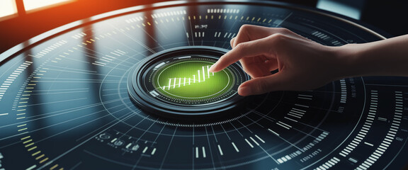 Poster - Hand interacting with a futuristic interface showing an upward trending graph, symbolizing growth, progress, and technological advancement in business