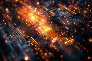 Fototapete - Abstract digital artwork featuring glowing circuit board patterns and interconnected lines at night