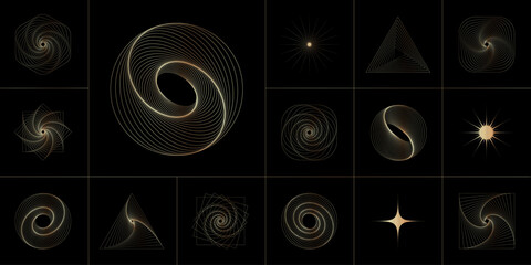 Line art geometric gold elements collection of various shapes. Abstract, futuristic geometric golden objects