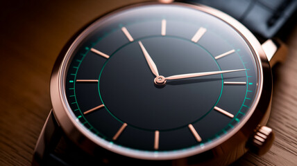 Aufkleber - Close-up of rose gold wristwatch with dark face and green accents, showcasing elegance and precision timekeeping.  Symbol of luxury, success, and meticulous detail