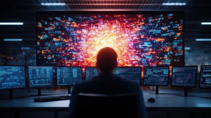  - A person sits in front of a bank of computer monitors showing data streams gazing at a large screen with a vibrant explosion of digital visuals
