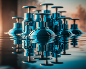 Aufkleber - Group of metallic blue valves floating on water, creating a symmetrical reflection.  Showcase of industrial design, symbolizing control and precision.
