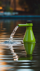 Poster - Green plastic bottle pours water into a pool, creating ripples on the surface, showcasing a concept of refreshing hydration or simple technology