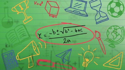 Poster - In school, animation of mathematical formula with colorful doodles and symbols