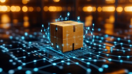 Poster - A cardboard box positioned on a glowing circuit board, amidst a web of interconnected data points symbolizing digital tracking and technology innovation