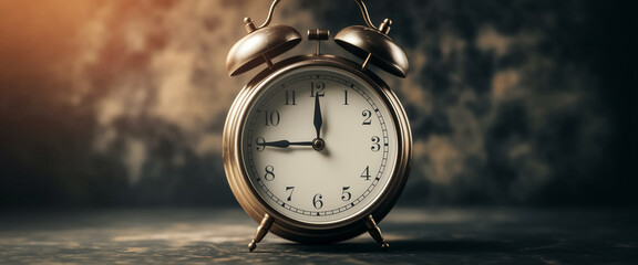 Aufkleber - Vintage alarm clock showing twelve o'clock, metallic gold tone, sits on dark surface against blurred background, representing time, punctuality, or a new beginning