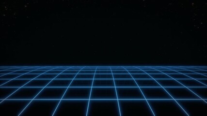 Wall Mural - 80s neon wireframe animation. virtual computer landscape. retro future perspective grid on dark star