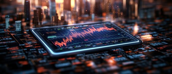 Poster - A tablet showcasing a dynamic stock market graph on a data-filled surface with a blurred cityscape background representing financial analysis and investment trends