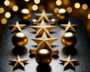 Aufkleber - Golden stars and baubles arranged on dark surface, illuminated by warm bokeh, creating festive, elegant Christmas scene