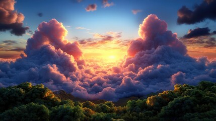 Poster - Vibrant Sunset Over Lush Green Hills and Majestic Mountains with Fluffy Purple Clouds Parting to Reveal a Radiant Sun Illuminating the Vista
