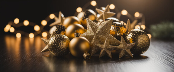 Aufkleber - Golden Christmas baubles and stars on dark wood, illuminated by warm lights, showcasing festive elegance and holiday cheer