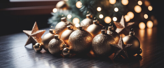 Poster - Golden Christmas baubles and stars on dark wood, illuminated by soft lights, creating a festive and warm atmosphere, ideal for holiday season designs