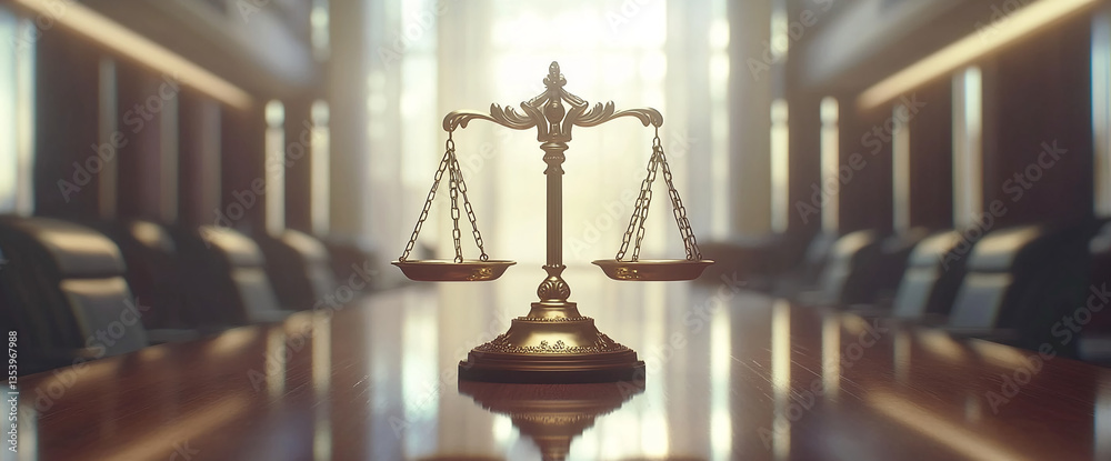 Golden scales of justice on a polished wooden table, blurred courtroom ...