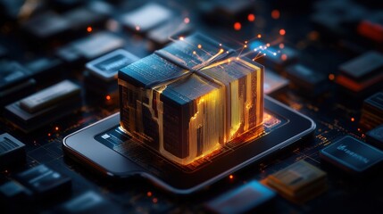 Poster - A glowing golden gift box designed from intricate circuitry resting on a computer motherboard representing technological innovation and product launch concept