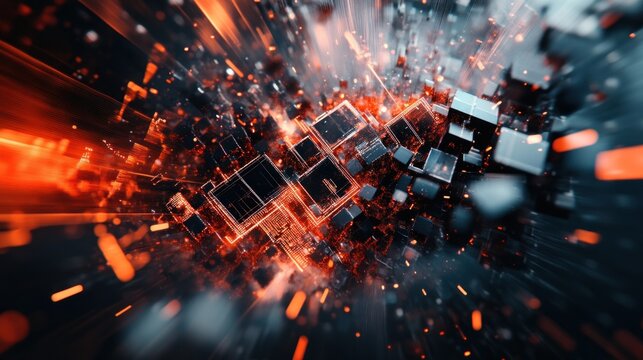 Abstract Digital Explosion:  A Burst of Orange and Black Cubes in Cyberspace