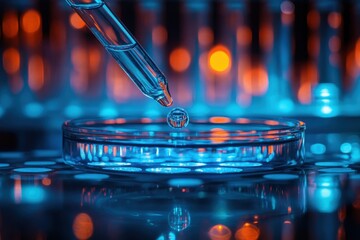 Poster - Close-up of a pipette dropping a liquid droplet into a petri dish in a vibrant lab setting