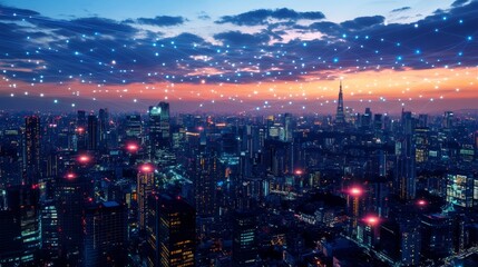 Wireless communication media networking connectivity technology concept, smart cityscape on world hologram simulation on global environment tech development changes time goals, banner blue background