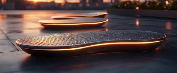 Poster - Close-up of dark, textured seating with warm orange light underneath, situated outdoors at sunset, showcasing modern design and urban landscape