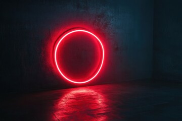 Aufkleber - Neon red circle glowing against a dark textured wall in a dim room