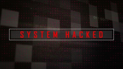 Poster - Bold red System Hacked text over digital animation with pixelated patterns