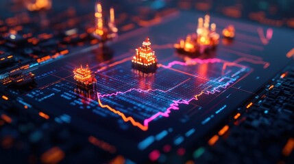 Poster - 3D Stylized Miniature Cityscapes on Digital Display Showcasing Fluctuating Stock Market Graph Representing Urban Development Interconnectedness