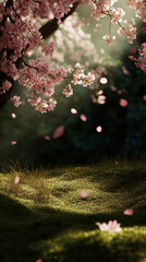 Poster - Pink cherry blossom branches over mossy ground, falling petals create serene spring scene, showcasing nature's beauty and tranquility, ideal for peaceful concepts