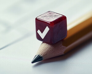 Leinwandbilder - Close-up of red cube with white checkmark on pencil, suggesting completion or approval.  Concept showcases task achievement or success