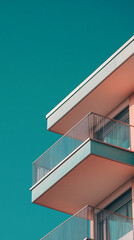 Aufkleber - Modern building balconies, teal and peach hues, against a vibrant teal sky, showcasing architectural design and minimalist aesthetic, ideal for design or real estate marketing