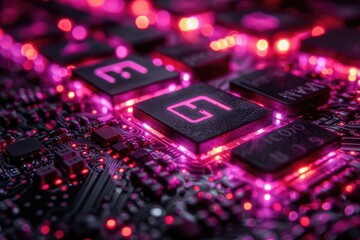 Poster - A close up view of an illuminated circuit board with chips