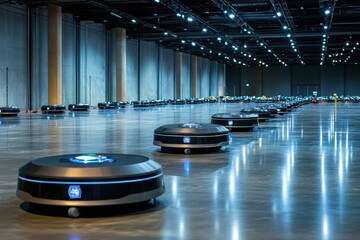 Poster - Futuristic automated robots navigating a spacious warehouse during a technology exhibition