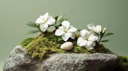 Leinwandbilder - Minimalist Photography of Moss and White Gardenias Growing on Rocks in a Modern Natural Setting