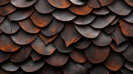 Aufkleber - Close-up of Overlapping Rusty Metal Scales with Varying Oxidation and Wear Showcasing a Unique Textured Surface in Detail for Artistic Use