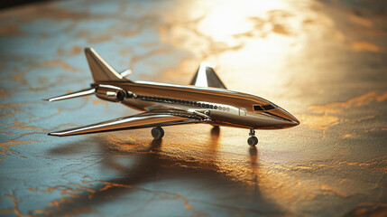 Poster - Metallic airplane model on textured surface, showcasing travel, luxury, and adventure concepts